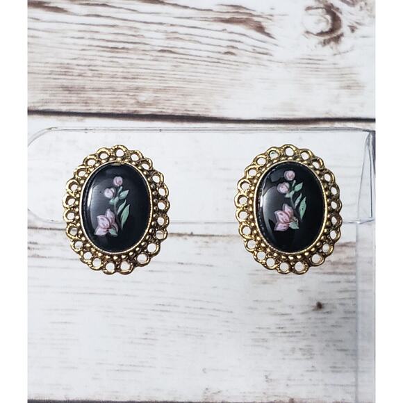 Vintage Clip On Earrings - Gold Tone Halo, Black Center with Flower Design - Picture 1 of 5